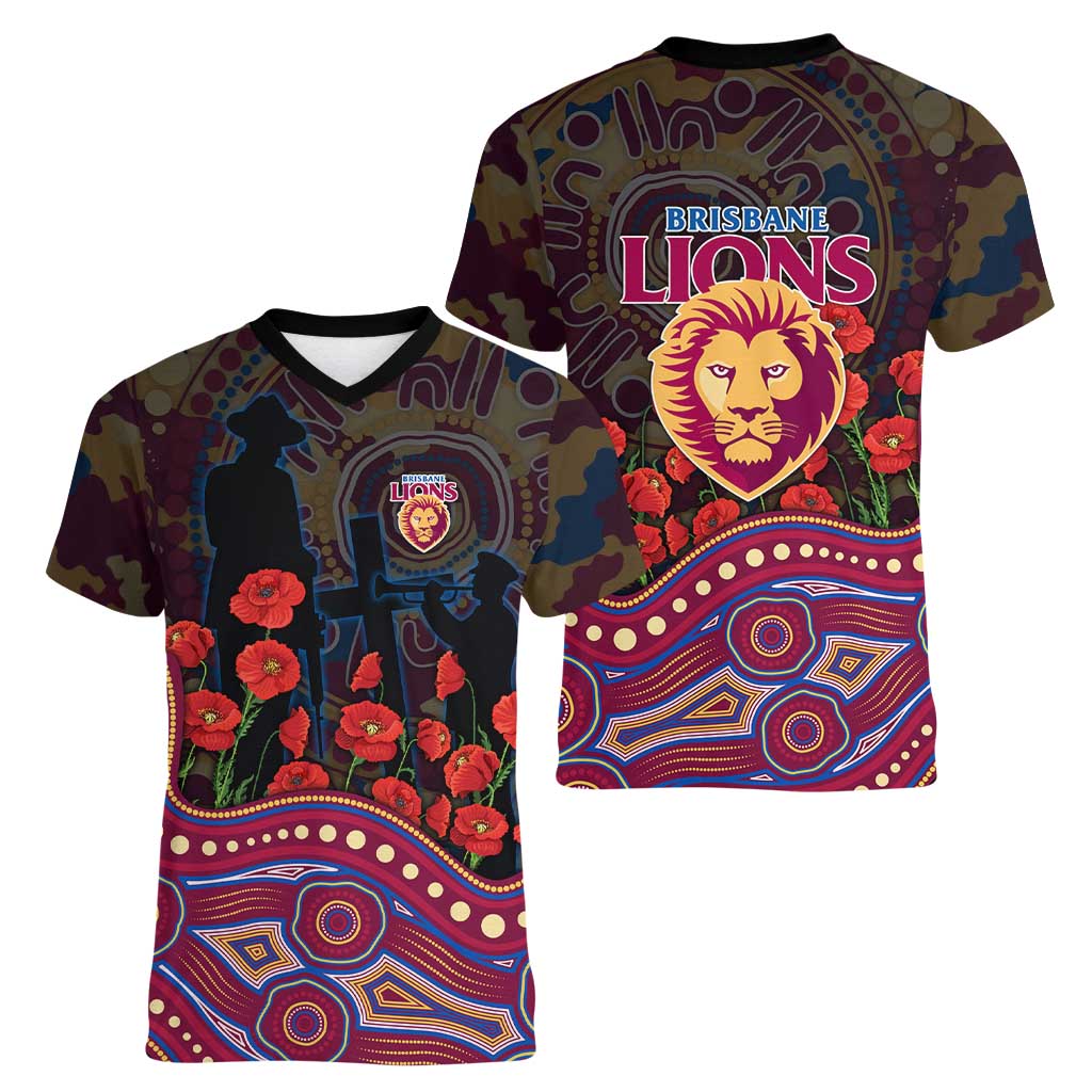 Brisbane Lions ANZAC Day Women V-Neck T-Shirt Indigenous Dot Art with Poppy Flower Tribute