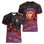 Brisbane Lions ANZAC Day Women V-Neck T-Shirt Indigenous Dot Art with Poppy Flower Tribute