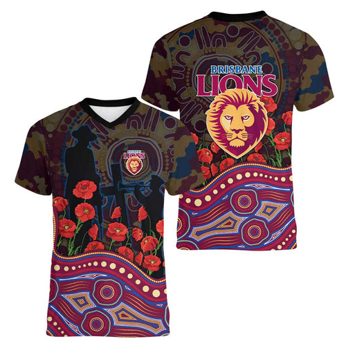 Brisbane Lions ANZAC Day Women V-Neck T-Shirt Indigenous Dot Art with Poppy Flower Tribute