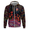 Brisbane Lions ANZAC Day Zip Hoodie Indigenous Dot Art with Poppy Flower Tribute