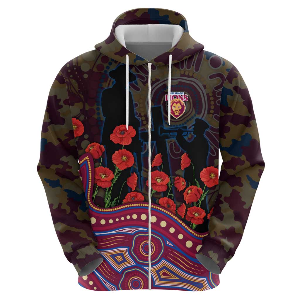 Brisbane Lions ANZAC Day Zip Hoodie Indigenous Dot Art with Poppy Flower Tribute