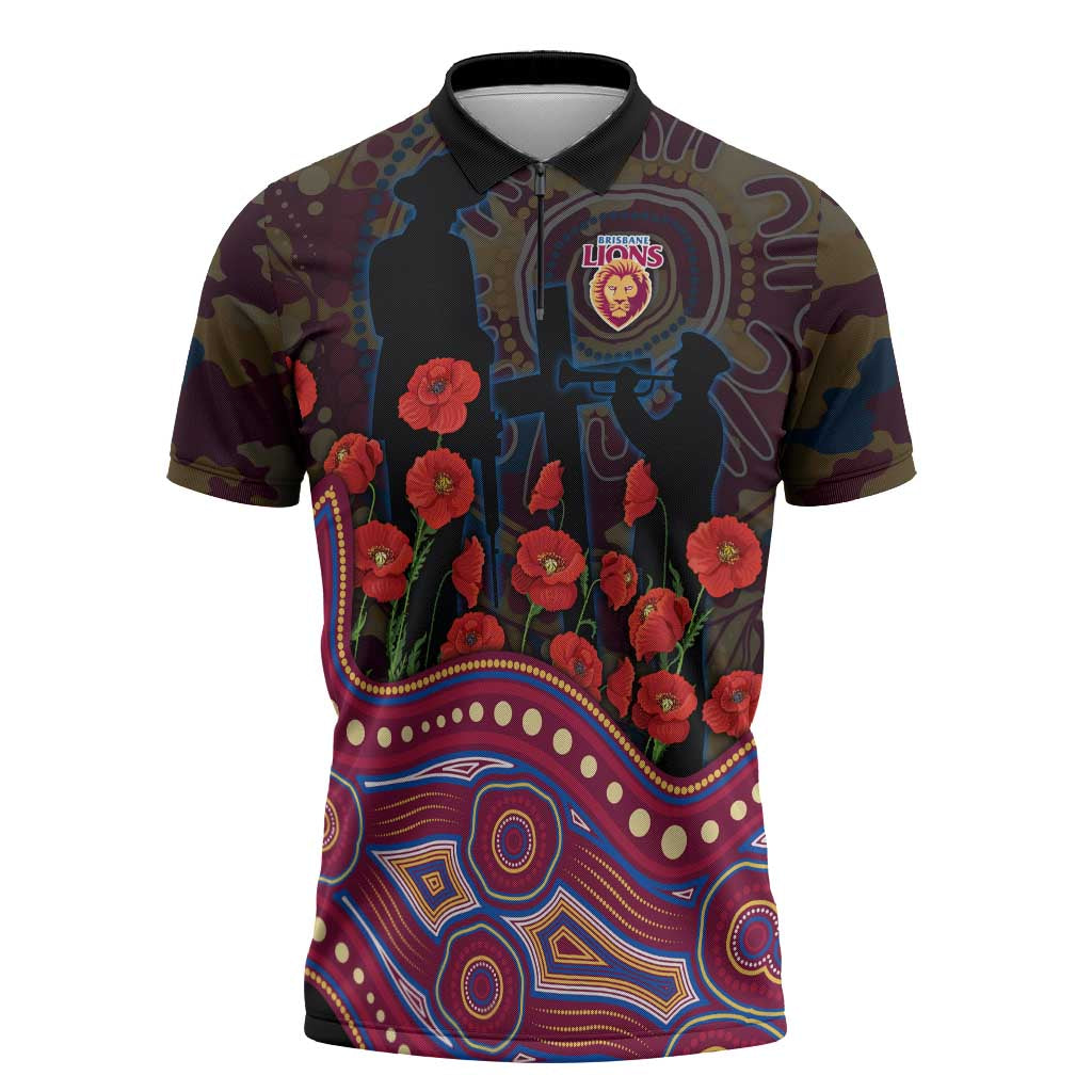 Brisbane Lions ANZAC Day Zipper Polo Shirt Indigenous Dot Art with Poppy Flower Tribute