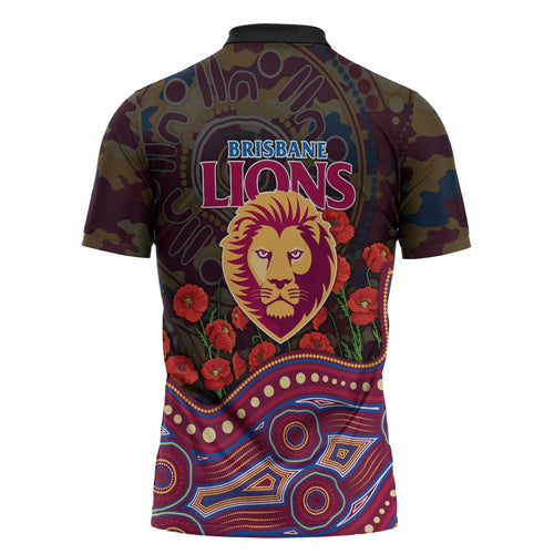 Brisbane Lions ANZAC Day Zipper Polo Shirt Indigenous Dot Art with Poppy Flower Tribute