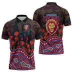 Brisbane Lions ANZAC Day Zipper Polo Shirt Indigenous Dot Art with Poppy Flower Tribute
