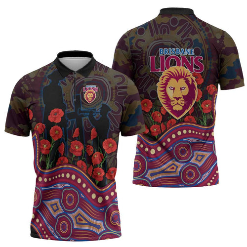 Brisbane Lions ANZAC Day Zipper Polo Shirt Indigenous Dot Art with Poppy Flower Tribute