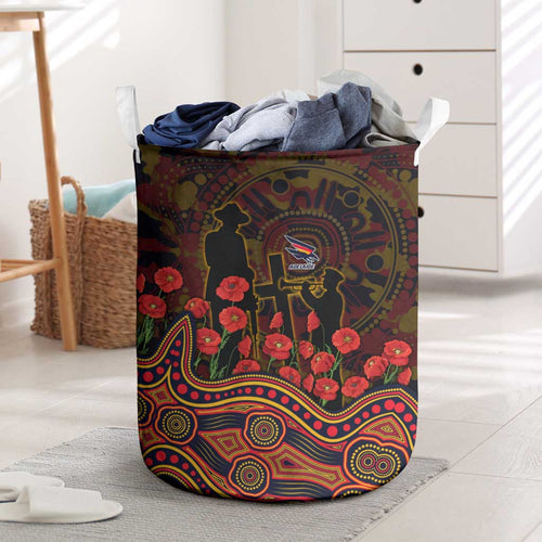 Adelaide Crows ANZAC Day Laundry Basket Indigenous Dot Art with Poppy Flower Tribute