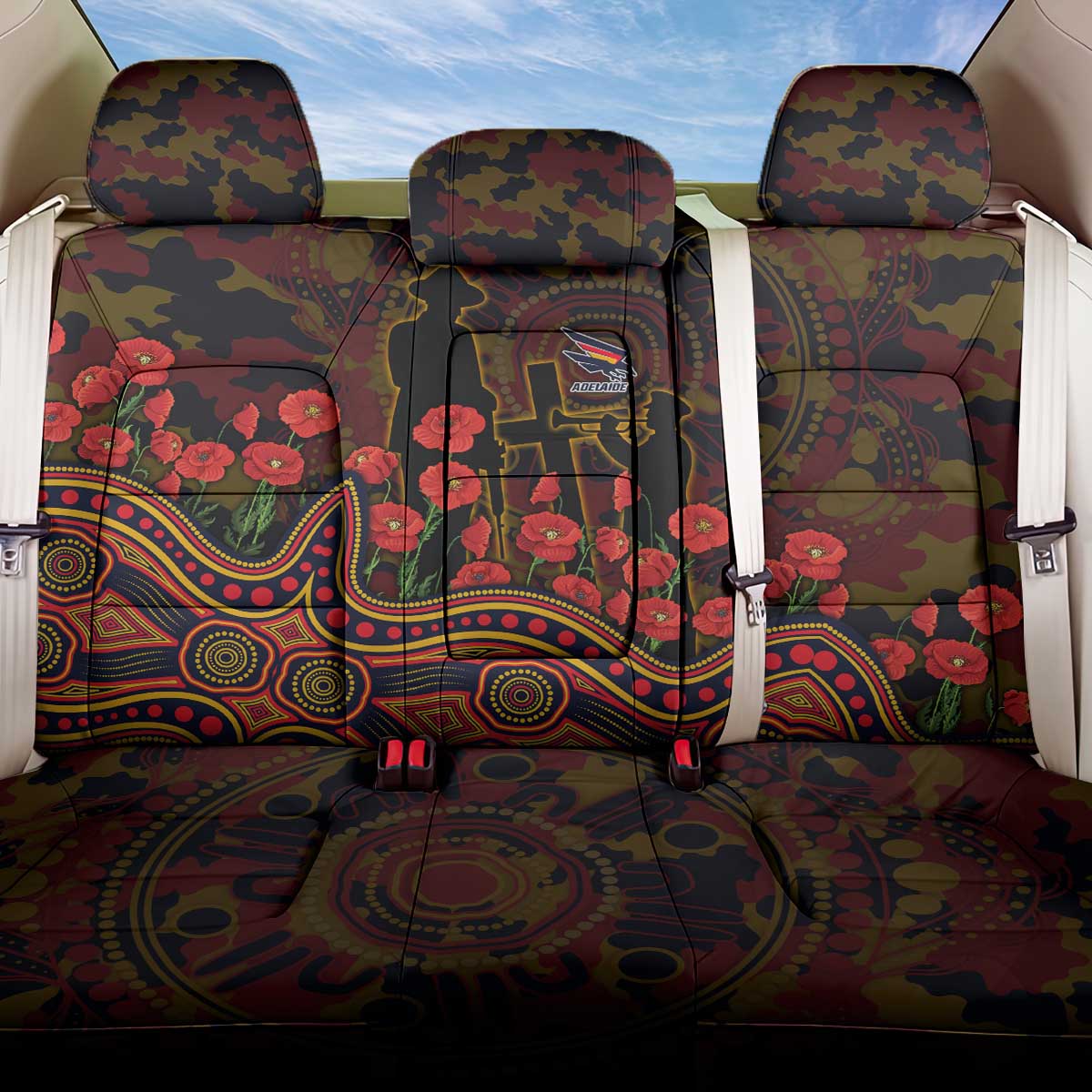 Adelaide Crows ANZAC Day Back Car Seat Cover Indigenous Dot Art with Poppy Flower Tribute