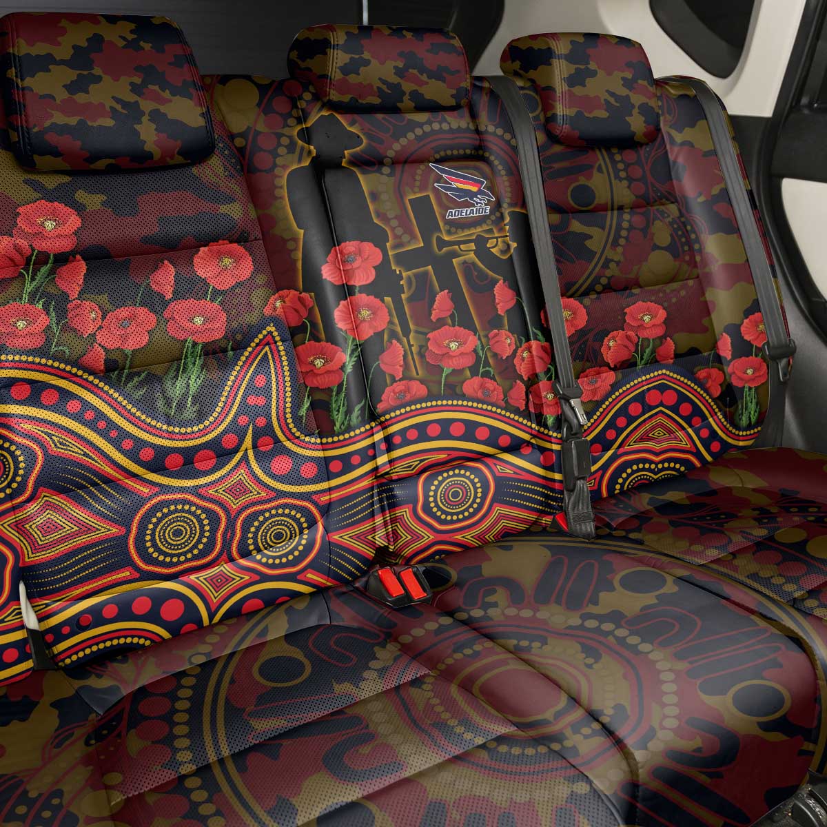 Adelaide Crows ANZAC Day Back Car Seat Cover Indigenous Dot Art with Poppy Flower Tribute
