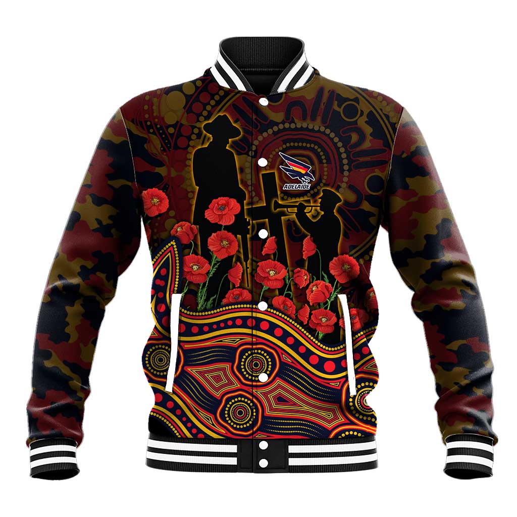 Adelaide Crows ANZAC Day Baseball Jacket Indigenous Dot Art with Poppy Flower Tribute