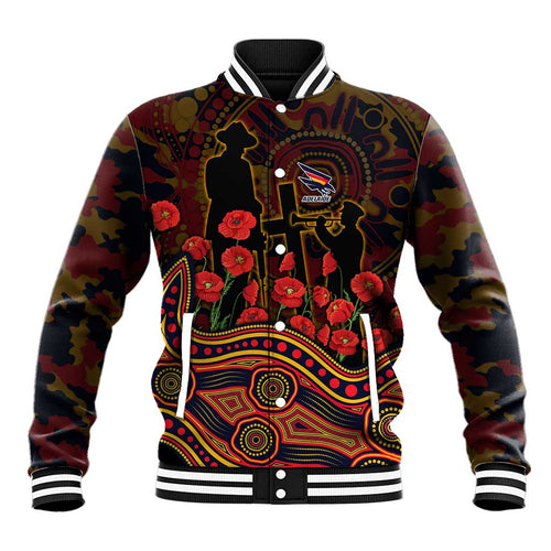 Adelaide Crows ANZAC Day Baseball Jacket Indigenous Dot Art with Poppy Flower Tribute