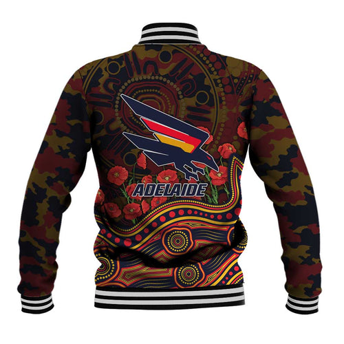 Adelaide Crows ANZAC Day Baseball Jacket Indigenous Dot Art with Poppy Flower Tribute