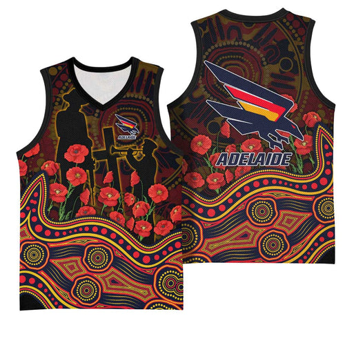 Adelaide Crows ANZAC Day Basketball Jersey Indigenous Dot Art with Poppy Flower Tribute