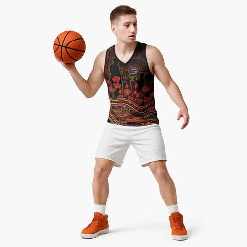 Adelaide Crows ANZAC Day Basketball Jersey Indigenous Dot Art with Poppy Flower Tribute