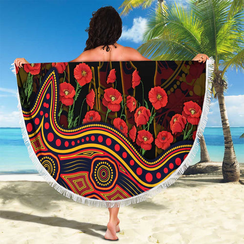 Adelaide Crows ANZAC Day Beach Blanket Indigenous Dot Art with Poppy Flower Tribute