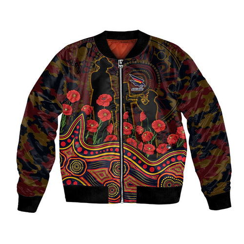 Adelaide Crows ANZAC Day Bomber Jacket Indigenous Dot Art with Poppy Flower Tribute