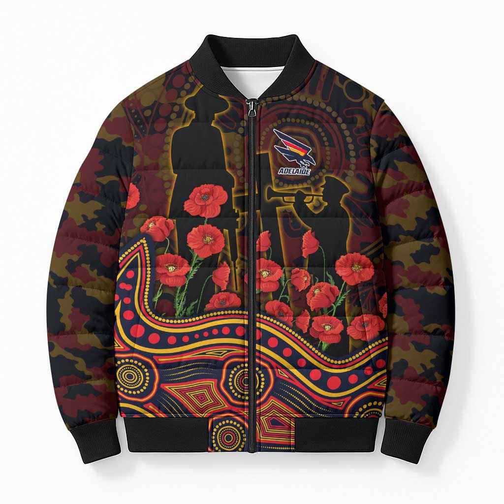 Adelaide Crows ANZAC Day Bomber Puffer Jacket Indigenous Dot Art with Poppy Flower Tribute