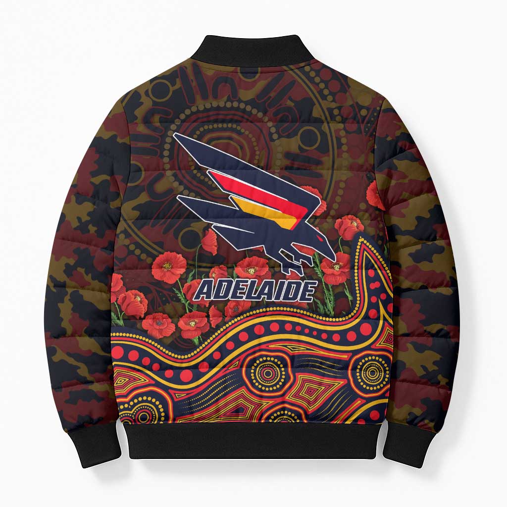 Adelaide Crows ANZAC Day Bomber Puffer Jacket Indigenous Dot Art with Poppy Flower Tribute