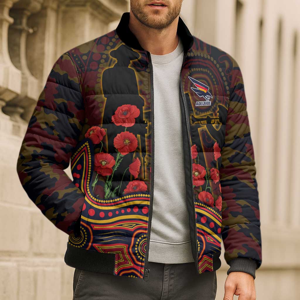 Adelaide Crows ANZAC Day Bomber Puffer Jacket Indigenous Dot Art with Poppy Flower Tribute
