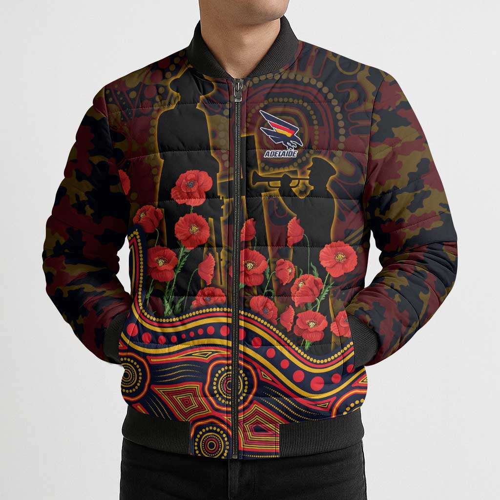 Adelaide Crows ANZAC Day Bomber Puffer Jacket Indigenous Dot Art with Poppy Flower Tribute
