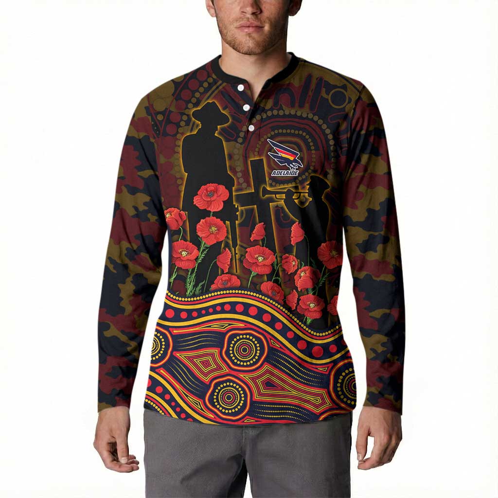 Adelaide Crows ANZAC Day Button Sweatshirt Indigenous Dot Art with Poppy Flower Tribute