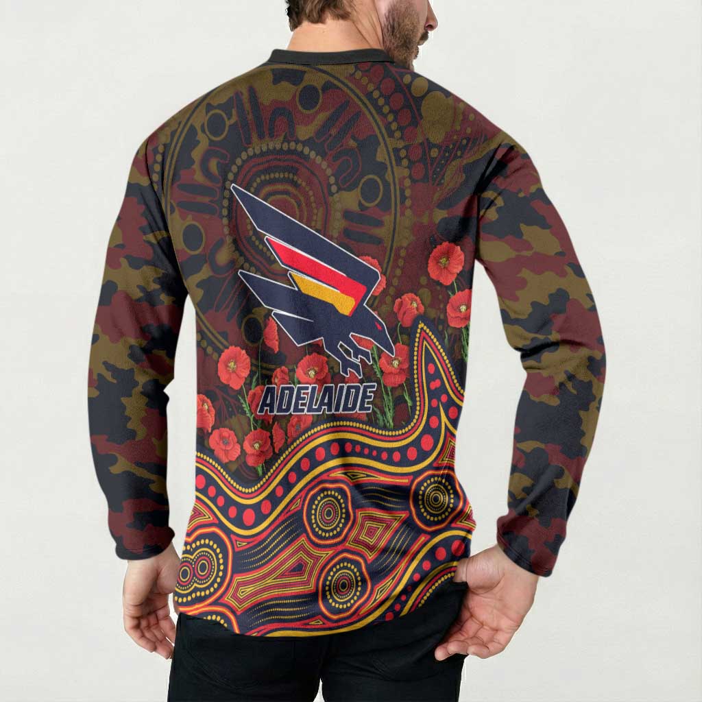 Adelaide Crows ANZAC Day Button Sweatshirt Indigenous Dot Art with Poppy Flower Tribute