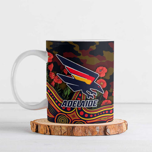 Adelaide Crows ANZAC Day Ceramic Mug Indigenous Dot Art with Poppy Flower Tribute