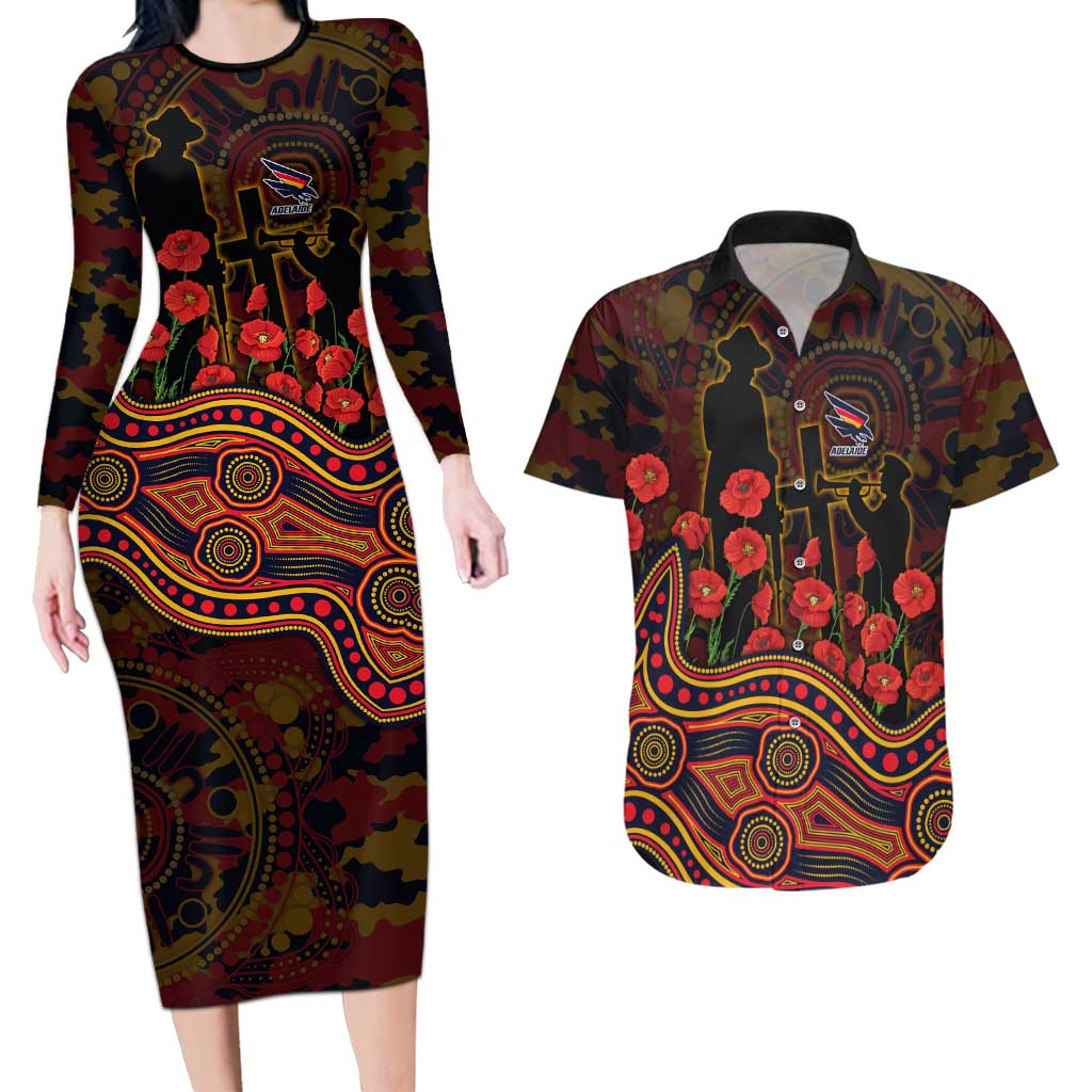 Adelaide Crows ANZAC Day Couples Matching Long Sleeve Bodycon Dress and Hawaiian Shirt Indigenous Dot Art with Poppy Flower Tribute