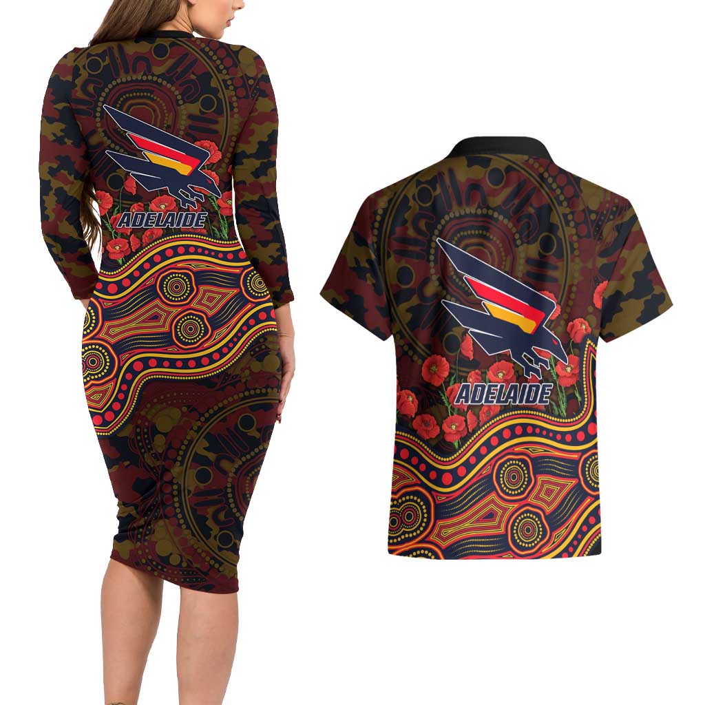 Adelaide Crows ANZAC Day Couples Matching Long Sleeve Bodycon Dress and Hawaiian Shirt Indigenous Dot Art with Poppy Flower Tribute