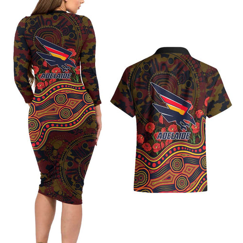 Adelaide Crows ANZAC Day Couples Matching Long Sleeve Bodycon Dress and Hawaiian Shirt Indigenous Dot Art with Poppy Flower Tribute