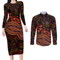 Adelaide Crows ANZAC Day Couples Matching Long Sleeve Bodycon Dress and Long Sleeve Button Shirt Indigenous Dot Art with Poppy Flower Tribute