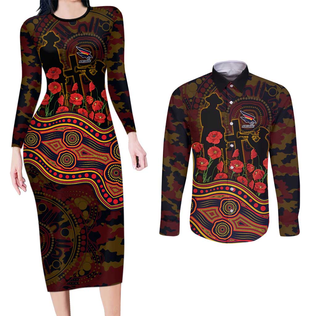 Adelaide Crows ANZAC Day Couples Matching Long Sleeve Bodycon Dress and Long Sleeve Button Shirt Indigenous Dot Art with Poppy Flower Tribute