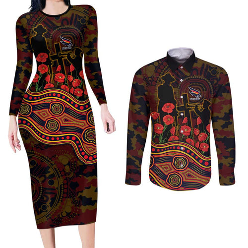Adelaide Crows ANZAC Day Couples Matching Long Sleeve Bodycon Dress and Long Sleeve Button Shirt Indigenous Dot Art with Poppy Flower Tribute