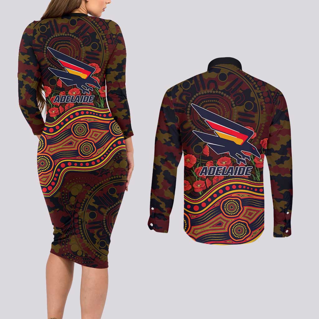 Adelaide Crows ANZAC Day Couples Matching Long Sleeve Bodycon Dress and Long Sleeve Button Shirt Indigenous Dot Art with Poppy Flower Tribute