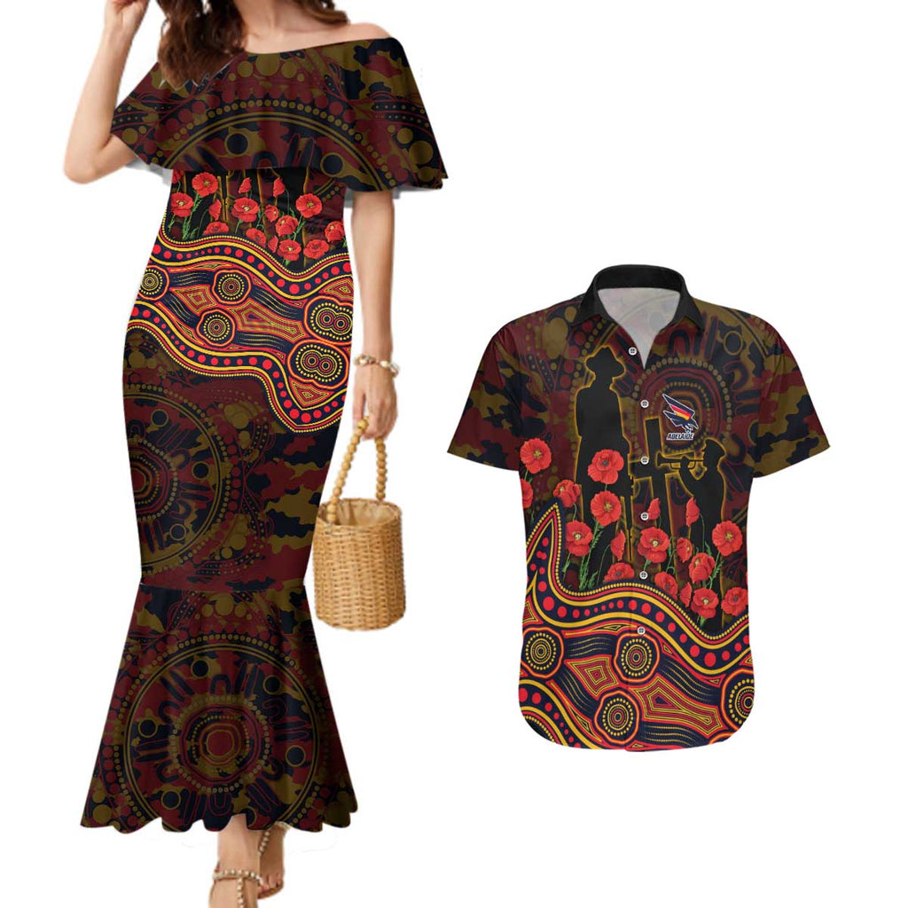 Adelaide Crows ANZAC Day Couples Matching Mermaid Dress and Hawaiian Shirt Indigenous Dot Art with Poppy Flower Tribute