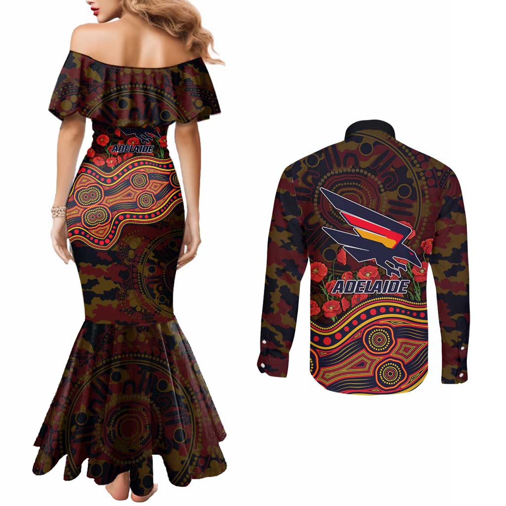 Adelaide Crows ANZAC Day Couples Matching Mermaid Dress and Long Sleeve Button Shirt Indigenous Dot Art with Poppy Flower Tribute