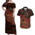 Adelaide Crows ANZAC Day Couples Matching Off Shoulder Maxi Dress and Hawaiian Shirt Indigenous Dot Art with Poppy Flower Tribute