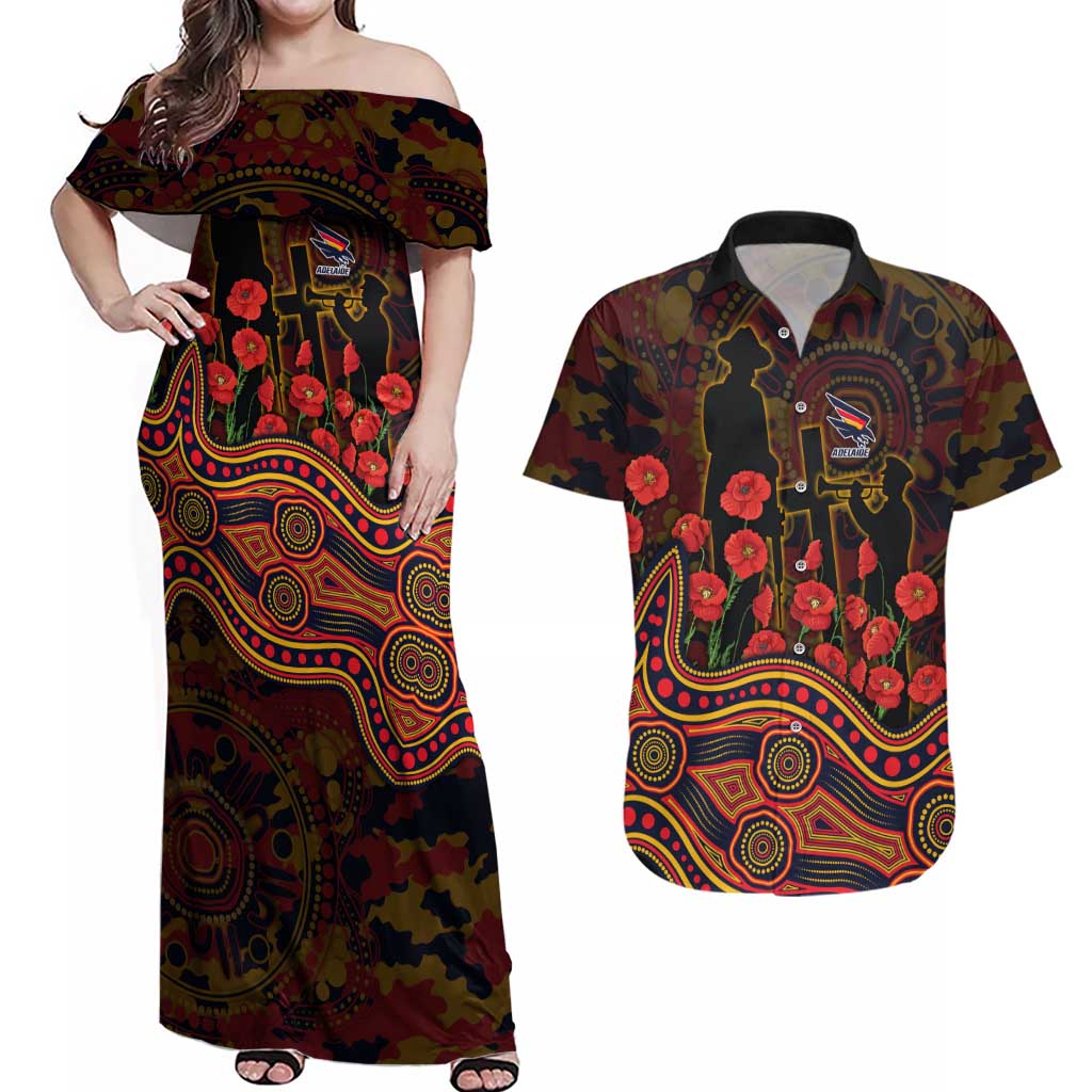 Adelaide Crows ANZAC Day Couples Matching Off Shoulder Maxi Dress and Hawaiian Shirt Indigenous Dot Art with Poppy Flower Tribute