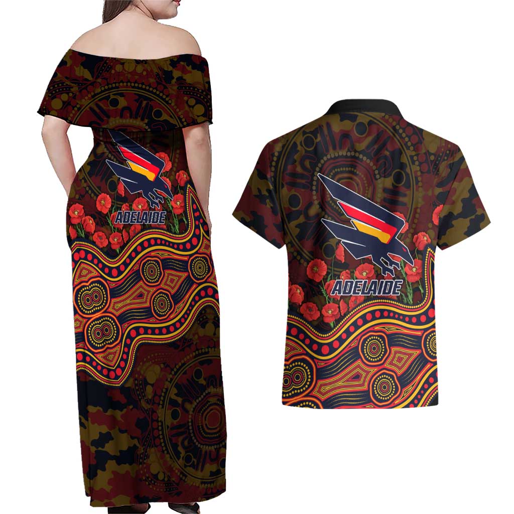 Adelaide Crows ANZAC Day Couples Matching Off Shoulder Maxi Dress and Hawaiian Shirt Indigenous Dot Art with Poppy Flower Tribute