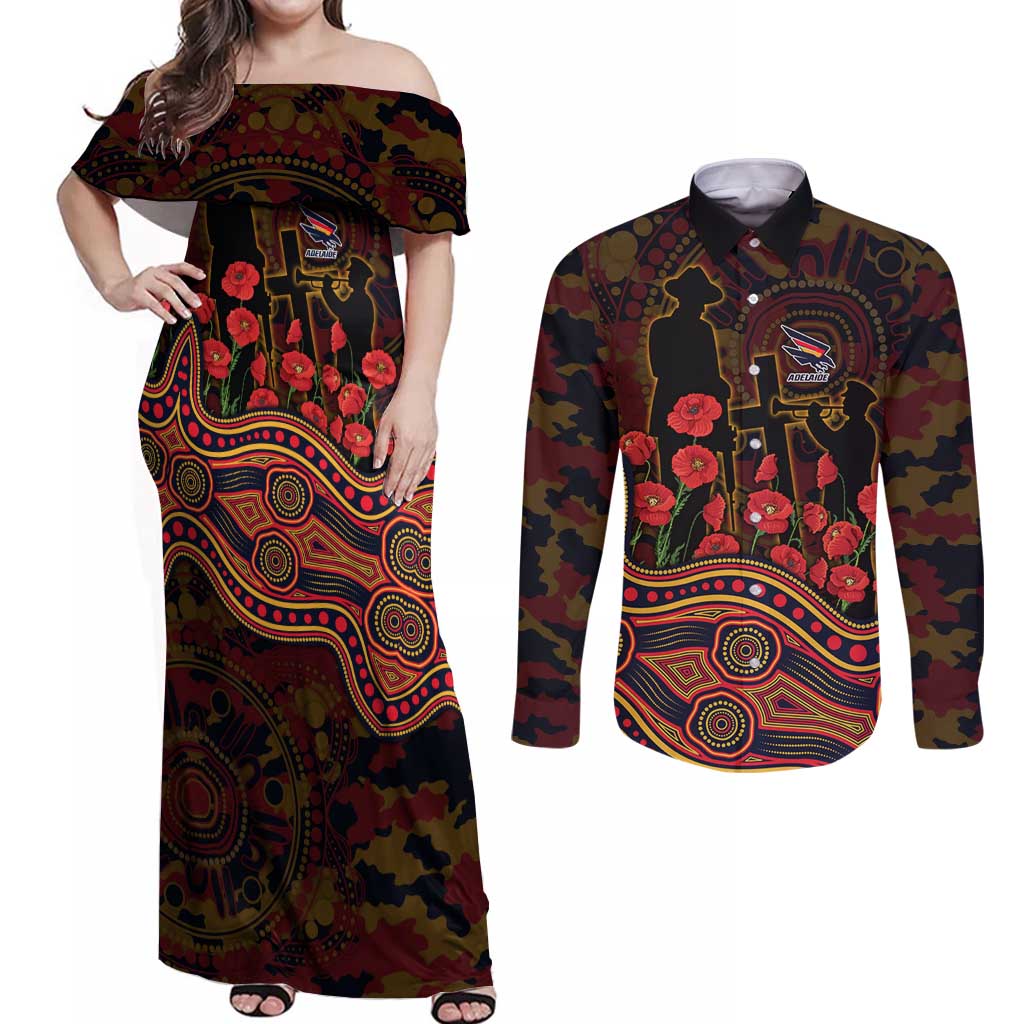 Adelaide Crows ANZAC Day Couples Matching Off Shoulder Maxi Dress and Long Sleeve Button Shirt Indigenous Dot Art with Poppy Flower Tribute