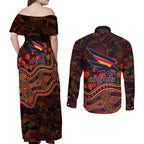Adelaide Crows ANZAC Day Couples Matching Off Shoulder Maxi Dress and Long Sleeve Button Shirt Indigenous Dot Art with Poppy Flower Tribute