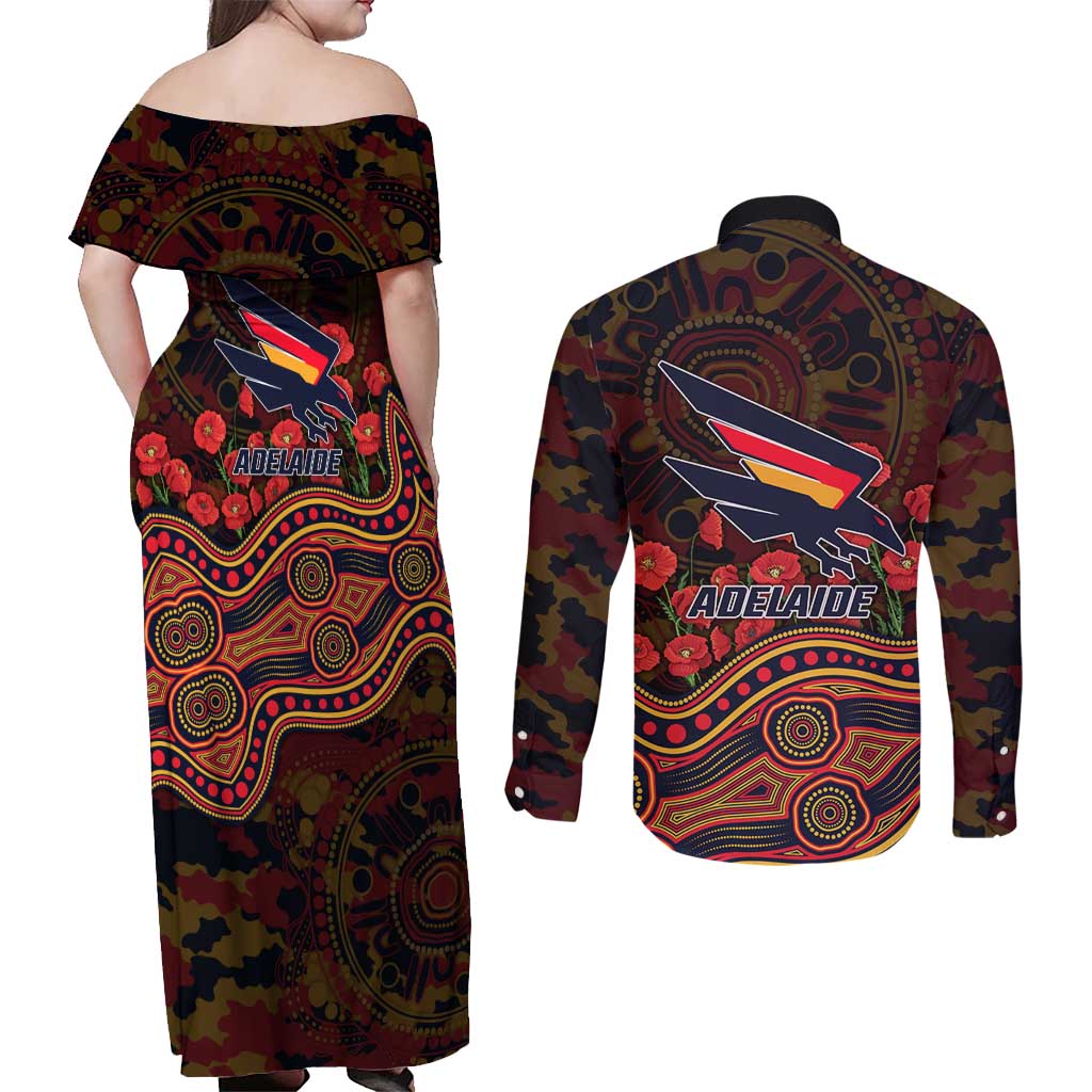 Adelaide Crows ANZAC Day Couples Matching Off Shoulder Maxi Dress and Long Sleeve Button Shirt Indigenous Dot Art with Poppy Flower Tribute