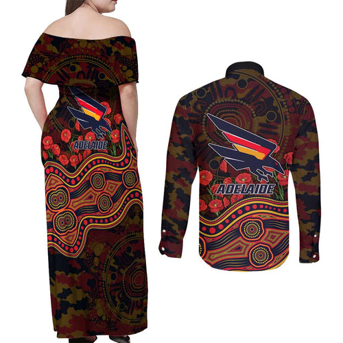Adelaide Crows ANZAC Day Couples Matching Off Shoulder Maxi Dress and Long Sleeve Button Shirt Indigenous Dot Art with Poppy Flower Tribute
