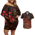 Adelaide Crows ANZAC Day Couples Matching Off Shoulder Short Dress and Hawaiian Shirt Indigenous Dot Art with Poppy Flower Tribute