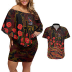 Adelaide Crows ANZAC Day Couples Matching Off Shoulder Short Dress and Hawaiian Shirt Indigenous Dot Art with Poppy Flower Tribute