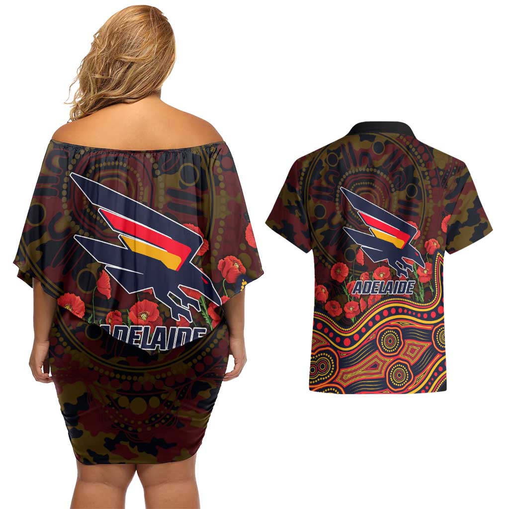 Adelaide Crows ANZAC Day Couples Matching Off Shoulder Short Dress and Hawaiian Shirt Indigenous Dot Art with Poppy Flower Tribute