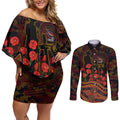 Adelaide Crows ANZAC Day Couples Matching Off Shoulder Short Dress and Long Sleeve Button Shirt Indigenous Dot Art with Poppy Flower Tribute