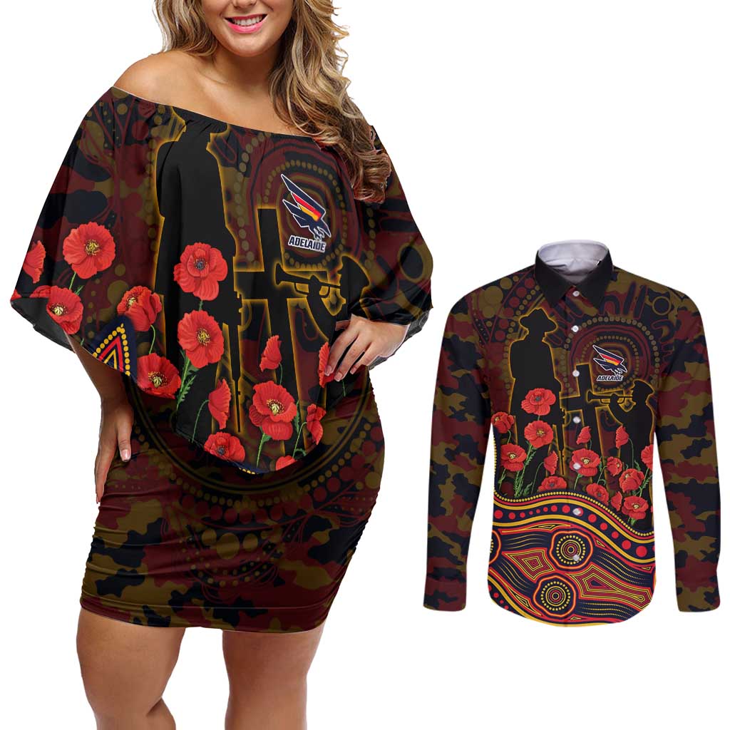 Adelaide Crows ANZAC Day Couples Matching Off Shoulder Short Dress and Long Sleeve Button Shirt Indigenous Dot Art with Poppy Flower Tribute