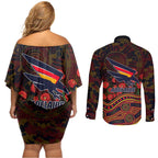 Adelaide Crows ANZAC Day Couples Matching Off Shoulder Short Dress and Long Sleeve Button Shirt Indigenous Dot Art with Poppy Flower Tribute