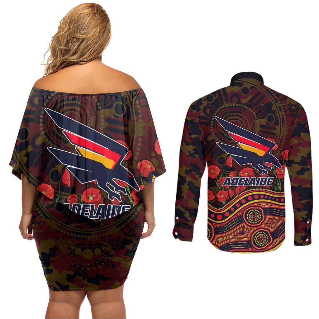 Adelaide Crows ANZAC Day Couples Matching Off Shoulder Short Dress and Long Sleeve Button Shirt Indigenous Dot Art with Poppy Flower Tribute