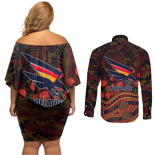 Adelaide Crows ANZAC Day Couples Matching Off Shoulder Short Dress and Long Sleeve Button Shirt Indigenous Dot Art with Poppy Flower Tribute
